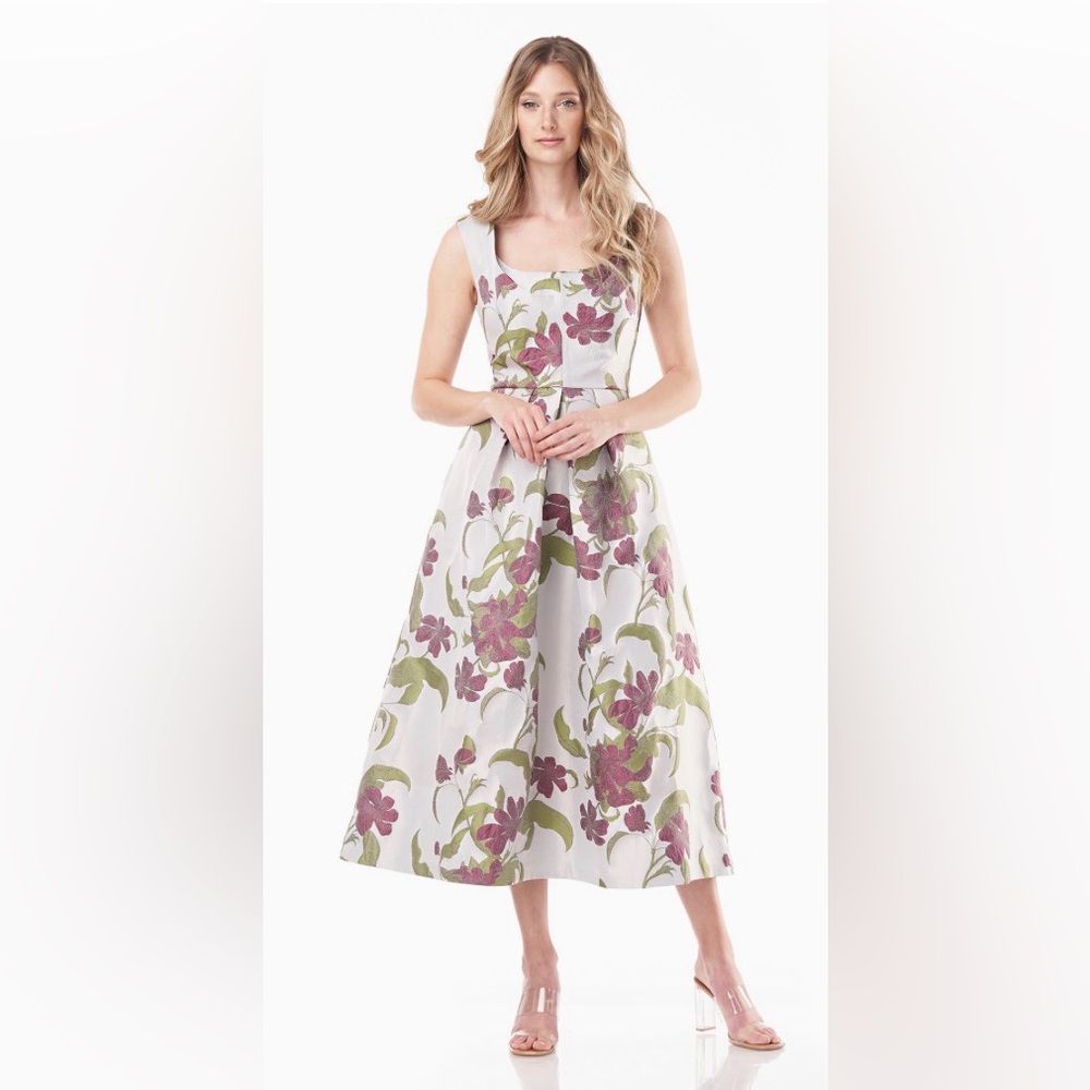Kay Unger Brooke Tea Length Dress Floral Jacquard Pomegranate Pearl Sz 2
